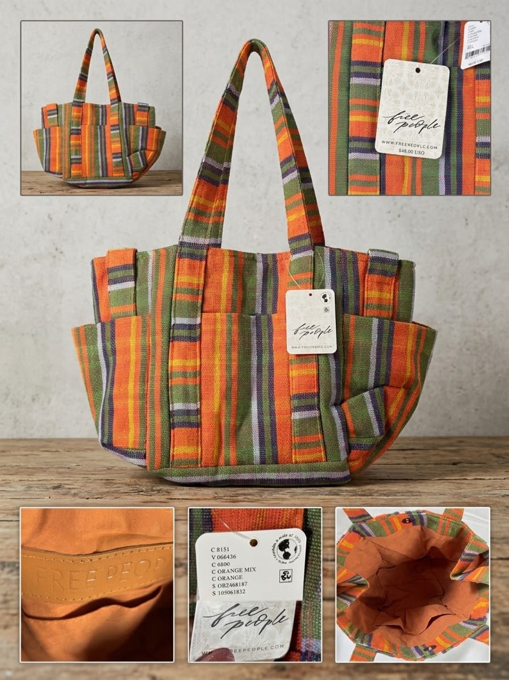 Free People Orange, Green & Purple Striped Canvas Tote